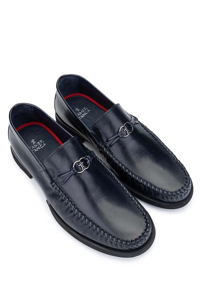 Tamer Tanca Navy Blue Genuine Leather Men's Loafer Shoes