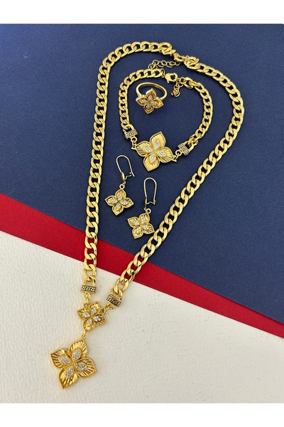 JEICON ATELIER 22 Ayar Altın Kaplama Zirkon Taşlı Yonca Kolye Bileklik Küpe Y...