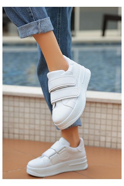 PARN PROJECT Pantofi albi Marx pentru femei - Velcro, toc pană, pantofi sport casual 024