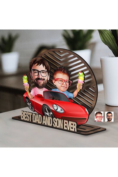 Bk Gift Kişiye Özel 3 Katmanlı Baba-Oğul Karikatürlü Ahşap Biblo-8, Babaya He...