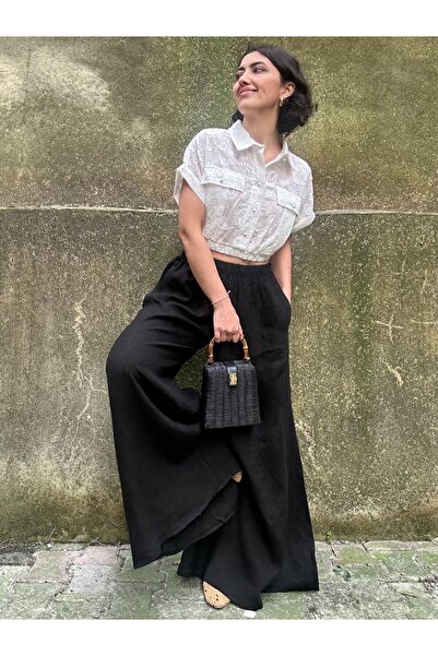 soBasic Чорні лляні штани - Еластичний пояс, широкі штанини, кишені - STD