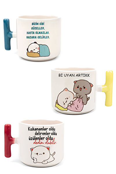 GünayStore طقم أكواب نسكافيه ولاتيه مكون من 3 قطع بطبعة موتشي كات ومقبض على ش...