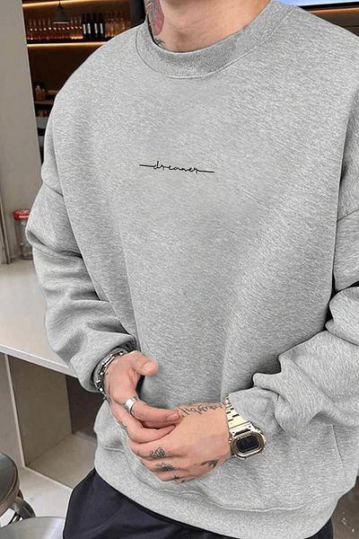 Millionaire Ανδρικό γκρι Dreamer με στάμπα 0 Crew Neck Oversize Loose Loose Fleece φούτερ