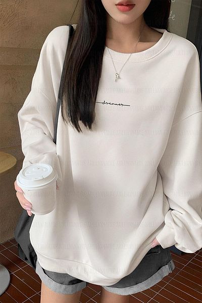 Millionaire Women's Off-White Cream Ecru Dreamer Printed 0 Crew Neck Oversize Loose Loose Fit Fleece Sweatshirt