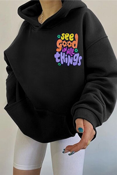 celestial sun moon Γυναικεία μαύρα φούτερ με καλή στάμπα 3 κλωστών με κουκούλα με κουκούλα oversize φαρδιά φαρδιά φούτερ με κουκούλα