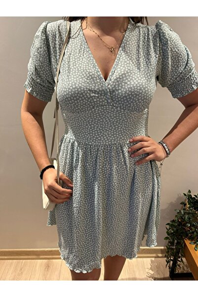 MİNİKS STORE Kadın Su Yeşili Bürümcek Kumaş Çiçek Desenli Kısa Kol Mini Elbise 23159