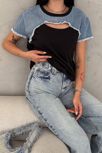 FEMELLE Black Denim Detailed Design - 100% Cotton Women's T-Shirt