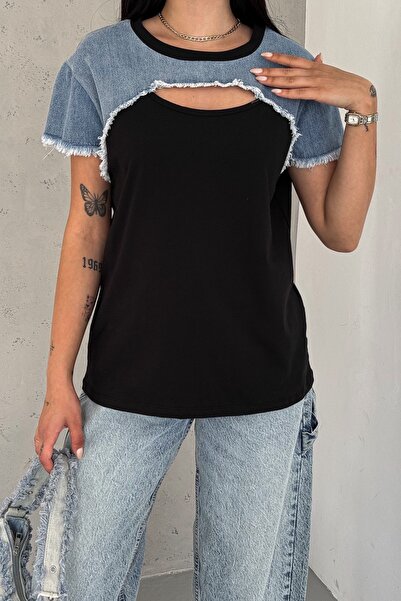FEMELLE Black Denim Detailed Design - 100% Cotton Women's T-Shirt