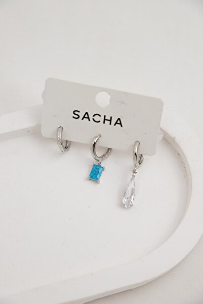 Sacha Accessories مجموعة حلقات فضية مرصعة بالأحجار المتساقطة والملونة - أقراط...