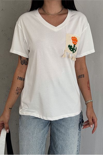 FEMELLE Tricou alb din bumbac, cu decolteu în V, cu ciucuri și margele