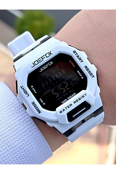 Joefox ساعة يد رياضية G-SHOCK باللون الأبيض/الأسود رقمية 5 ATM مقاومة للماء J-GS012