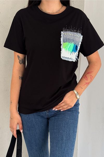 FEMELLE Noul sezon - Tricou negru din bumbac pentru femei, brodat cu margele din denim și model din folie