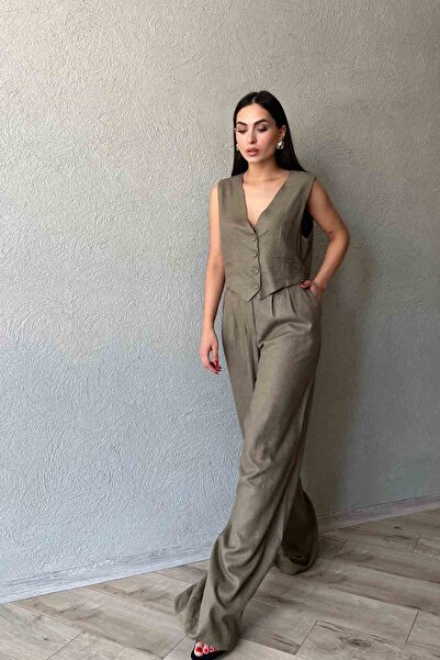 Seda Yalçın Atelier Relaxed Cut Linen Trousers - Khaki Pleat Detail