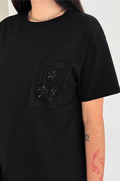 FEMELLE Tricou negru din bumbac pentru femei sezon nou - brodat cu paiete și broderie