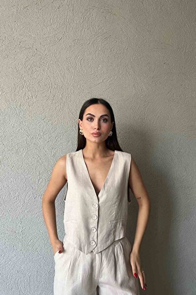Seda Yalçın Atelier Taş Düğme Detaylı Keten Yelek