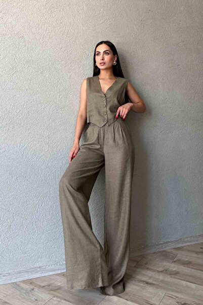 Seda Yalçın Atelier Relaxed Cut Linen Trousers - Khaki Pleat Detail