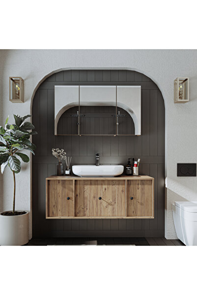 ROOMART Lavabolu Mat Mdf 120 Cm Çekmeceli Banyo Dolabı + Aynalı Üst Dolabı