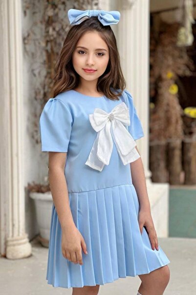 Riccotarz Kız Çocuk Göğsü Fiyonk Detaylı Eteği Pliseli Mavi Elbise