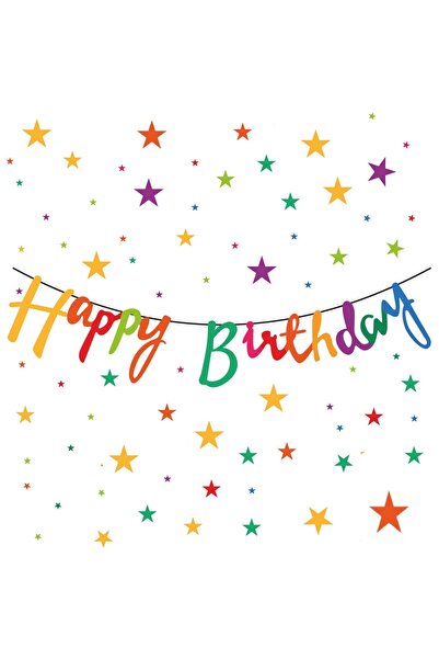 Big Party Kaligrafi Banner Happy Birthday Pastel Karışık