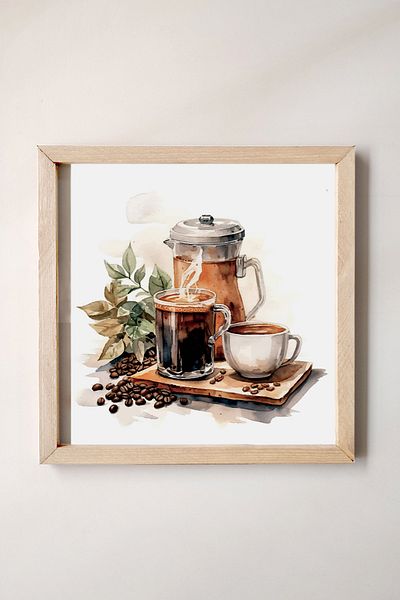 Wooden Factory Ξύλινο πλαίσιο, Παρουσίαση καφέ με εφέ ακουαρέλας, ζεστός καφές, τούρκικος καφές