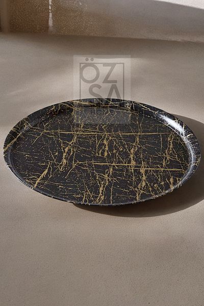ÖzSa Home 35cm Round Marble Patterned Gold Black Melamine Tray - Presentation Decorative Tableware Kitchen Tea Coffee Tray