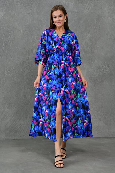 vuvutasarım Rochie midi albastră cu imprimeu floral, cu guler dublu - mânecă liliac, talie elastică, crapatură în față 3154