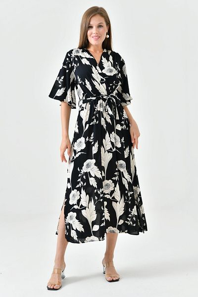 lovebox Black Midi Floral Dress - Double Breasted Collar, Elastic Waist, Sash and Side Slit 3469