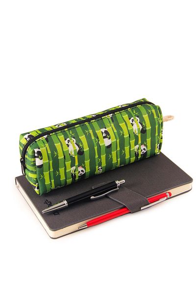 AlpCollection Bamboo Panda Patterned Green Pen Holder Zippered Makeup Bag