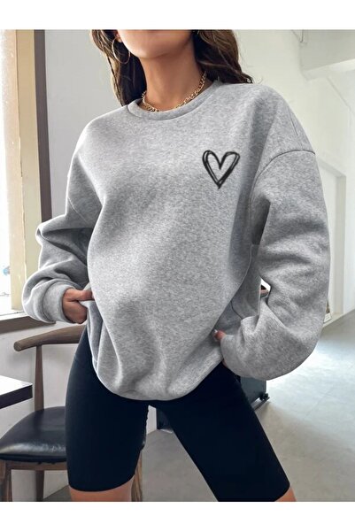 LAND MODA Heart Printed Crew Neck Sweatshirt