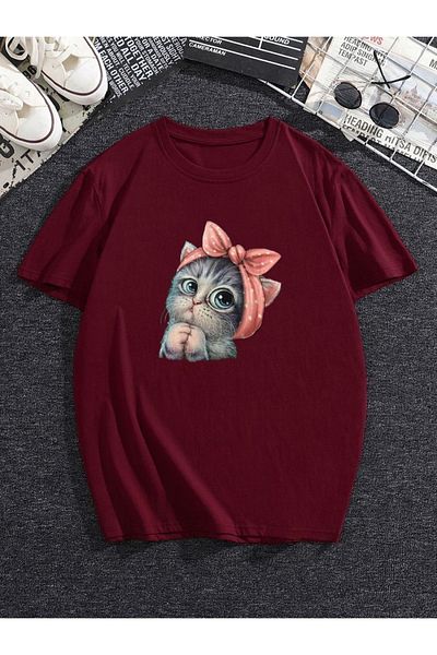 LAND MODA Unisex Griland Oversize T-shirt - Μπλε χρώμα, χαριτωμένη μικροσκοπική γάτα με στάμπα