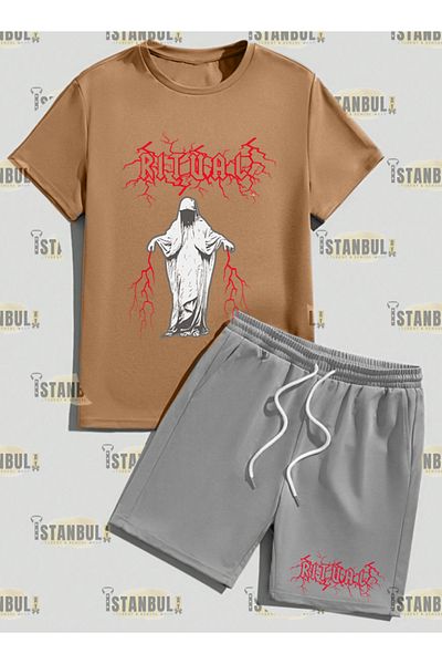 aynewmoda Комплект тениска и шорти с щампа на страшна мълния