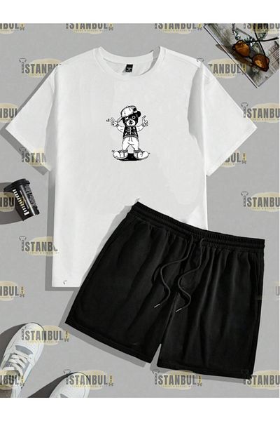 aynewmoda Happy Street Bear Printed T-Shirt and Shorts Set