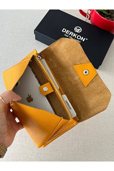 DERKON Yellow Genuine Leather - Natural Model Wallet with Phone Compartment