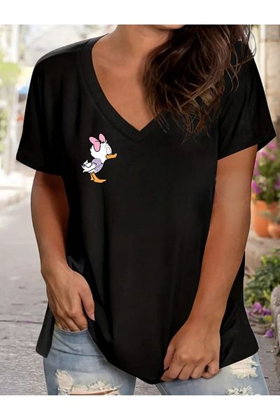 mercoledi Tricou de damă supradimensionat cu decolteu în V negru/alb - casual