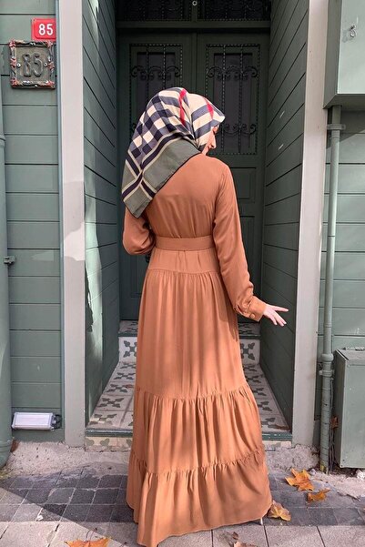 SGS Νέα σεζόν Φόρεμα Hijab με κουμπιά Tobacco - Φόρεμα με ζώνη με γιακά από ύφασμα βισκόζης για 4 εποχές