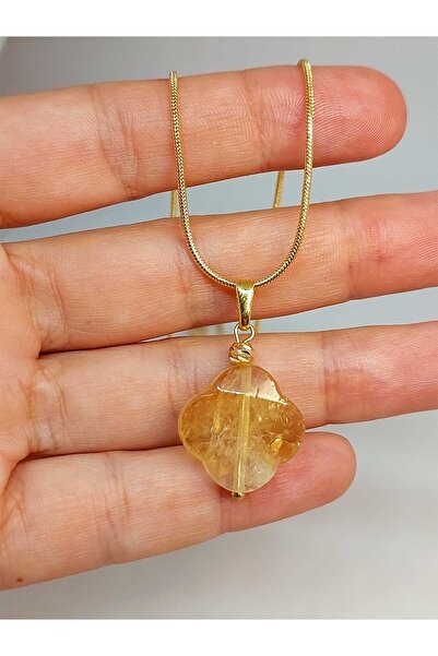 Yasamtohumu Sitrin Taşı Kolye Ucu Yonca Temalı Altın Kaplama Zincirli (49790)