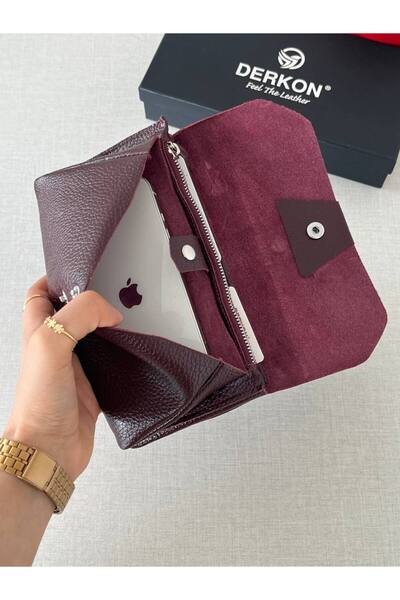 DERKON Claret Red Genuine Leather Wallet - Natural Model, with Phone Compartment
