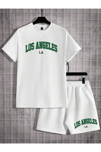 Hunors Sportswear & Company White Oversize Green Los Angeles Printed Men's T-shirt and Shorts Set - Crew Neck