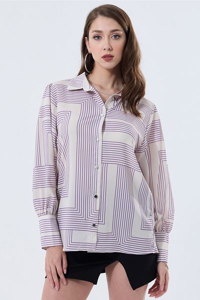 MD trend Cămașă oversize pentru femei cu model geometric - mânecă cu balon și umeri strânși