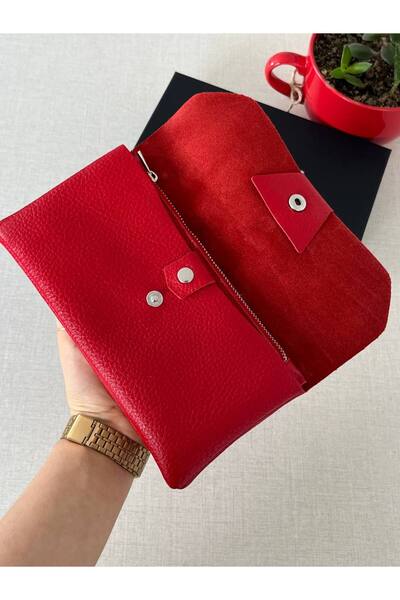 DERKON Red Genuine Leather Wallet - Natural Model with Phone Compartment
