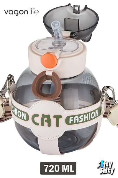 Vagonlife 720 ML Children's Water Bottle with Neck Strap and Straw - Cat Fashion FFVGN2031