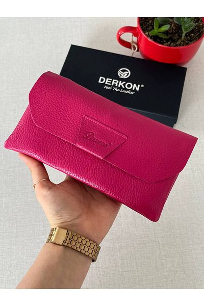 DERKON Pink Genuine Leather Wallet - Natural Model, with Phone Compartment