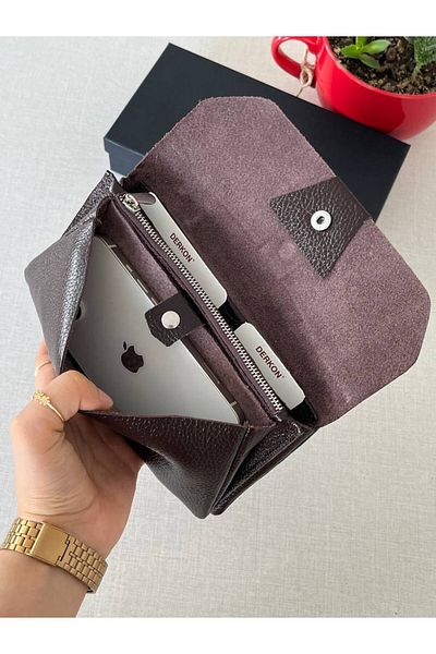 DERKON Genuine Leather Wallet with Phone Compartment - Brown Natural Model
