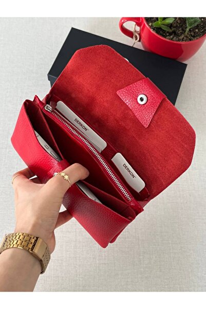 DERKON Red Genuine Leather Wallet - Natural Model with Phone Compartment