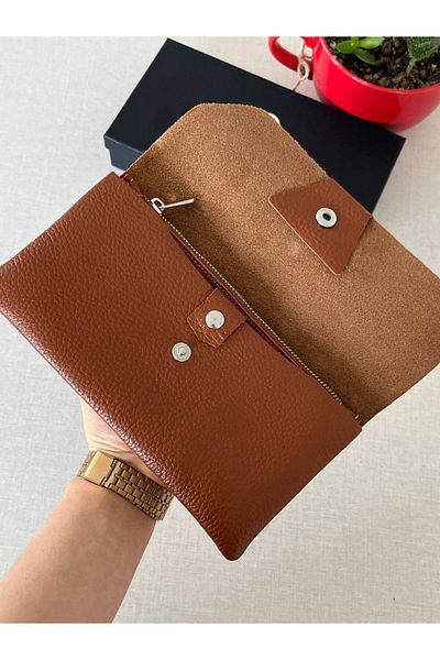 DERKON Genuine Leather Natural Model Wallet with Phone Compartment - Tan