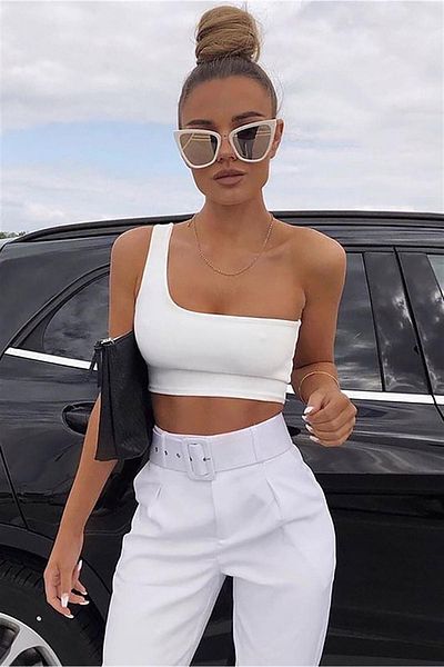 Seeh One Shoulder White Women's Crop Top - SH146