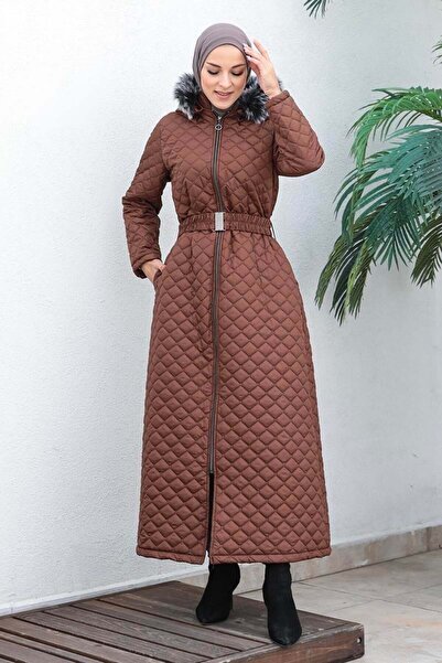 Genel Markalar Kadın Kemerli Şişme Mont Taba