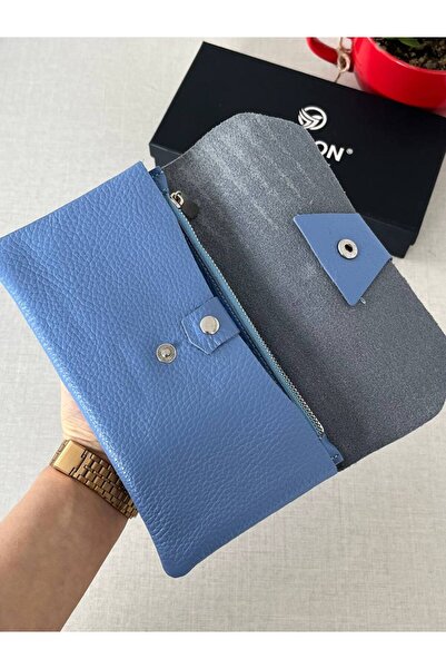 DERKON Genuine Leather Wallet with Blue Phone Compartment - Natural Model