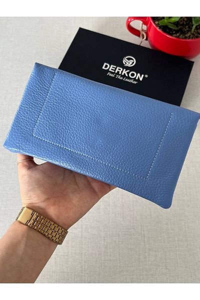 DERKON Genuine Leather Wallet with Blue Phone Compartment - Natural Model
