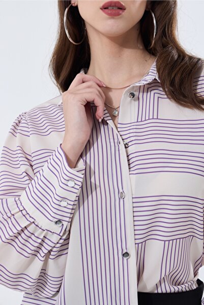 MD trend Geometric Patterned Oversize Women's Shirt - Balloon Sleeve and Shoulder Gathered